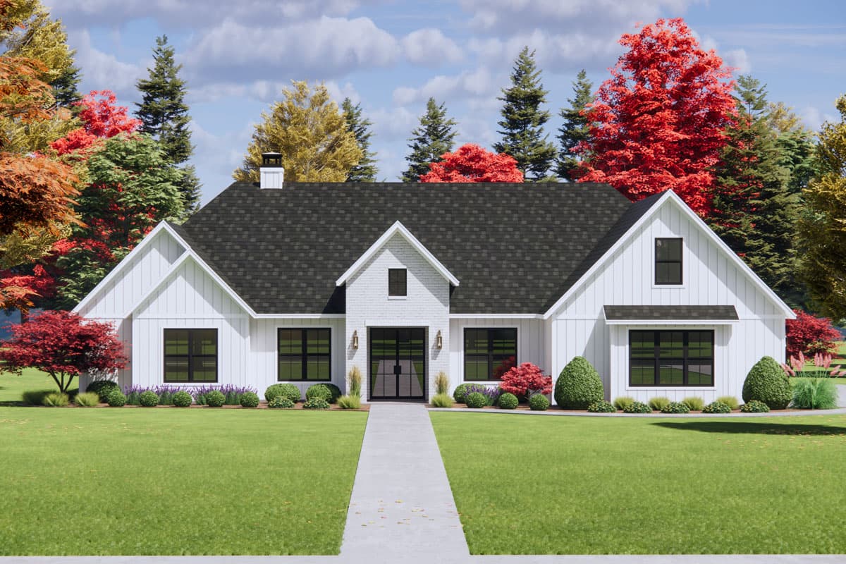 Modern Farmhouse house plan exterior, one story, white board-and-batten siding, gabled rooflines, brick entrance, black windows.