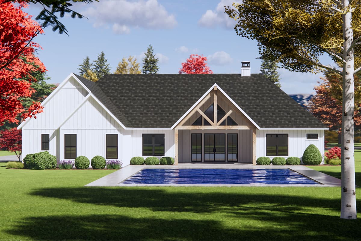 Modern Farmhouse house plan exterior with board and batten siding, large gables, and a covered patio with exposed beams.
