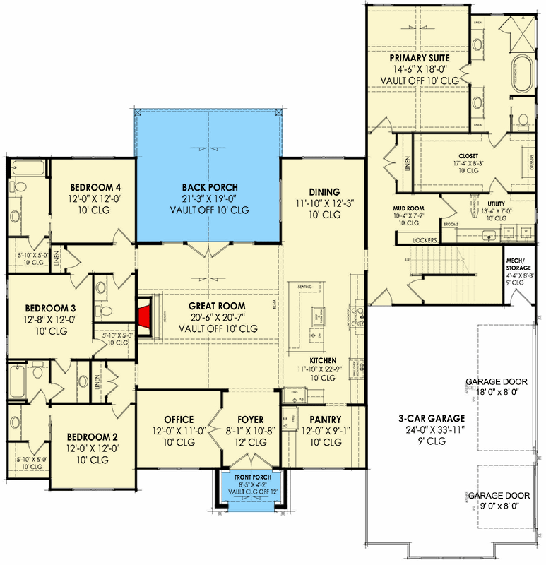 Plan 818138JSS: One-Story Transitional European House Plan with Home Office - 3116 Sq Ft - Floor Plan - Main Level - European, Transitional