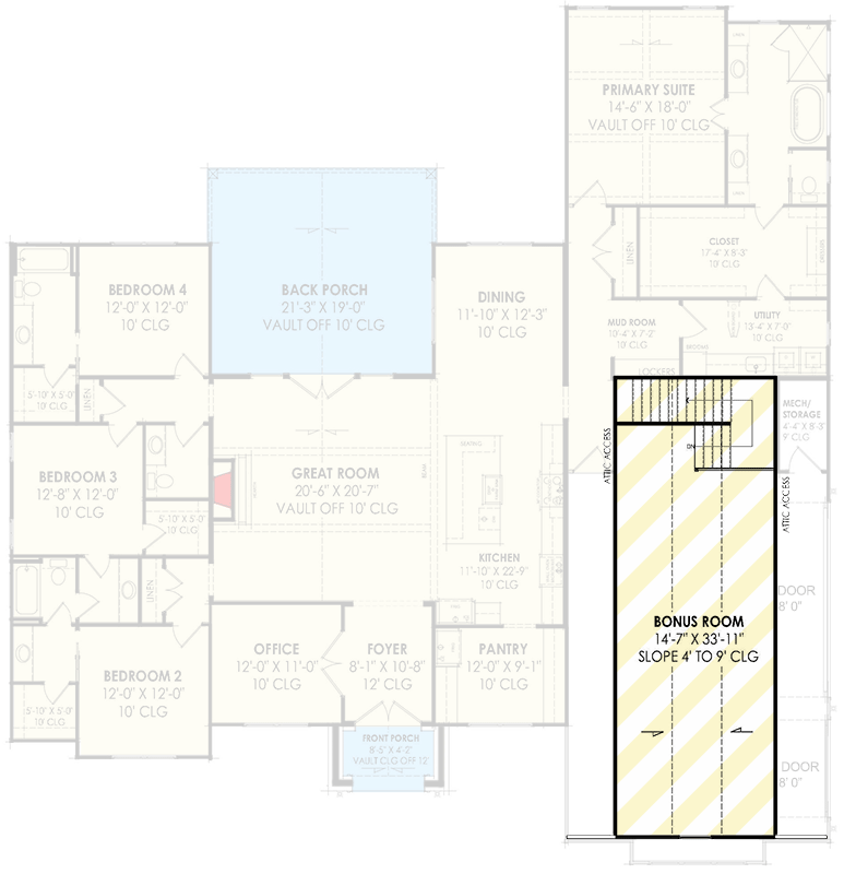 Plan 818138JSS: One-Story Transitional European House Plan with Home Office - 3116 Sq Ft - Floor Plan - Bonus Level - European, Transitional