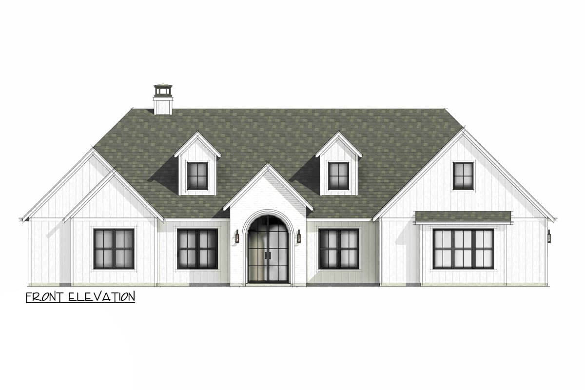 Front elevation of a modern farmhouse plan with board and batten siding, arched entryway, dormers, and a chimney.