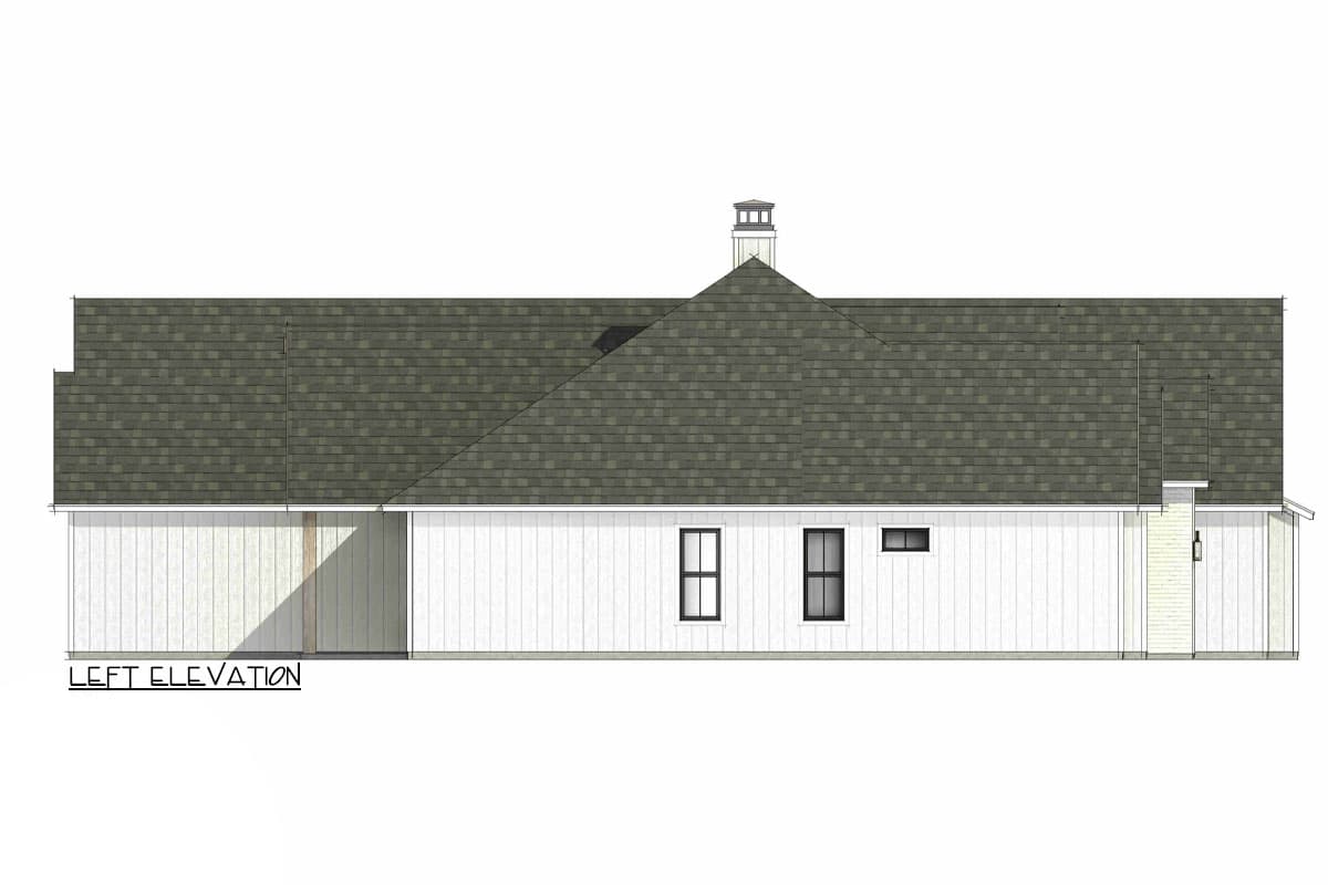 Left elevation of a one-story house plan with a gabled roof, chimney, and vertical siding.