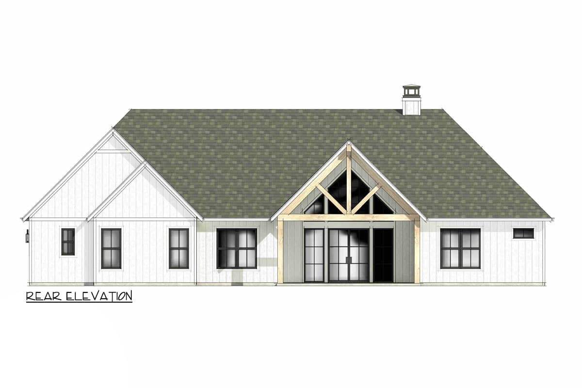 Rear elevation of a house plan featuring gables, a covered patio with exposed beams, and a chimney.