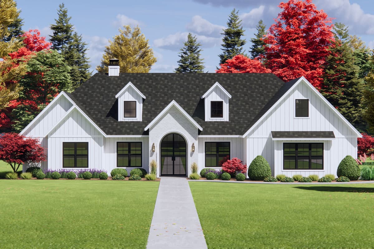House plan exterior featuring a white farmhouse style with gables, dormers, arched entry, and board and batten siding.