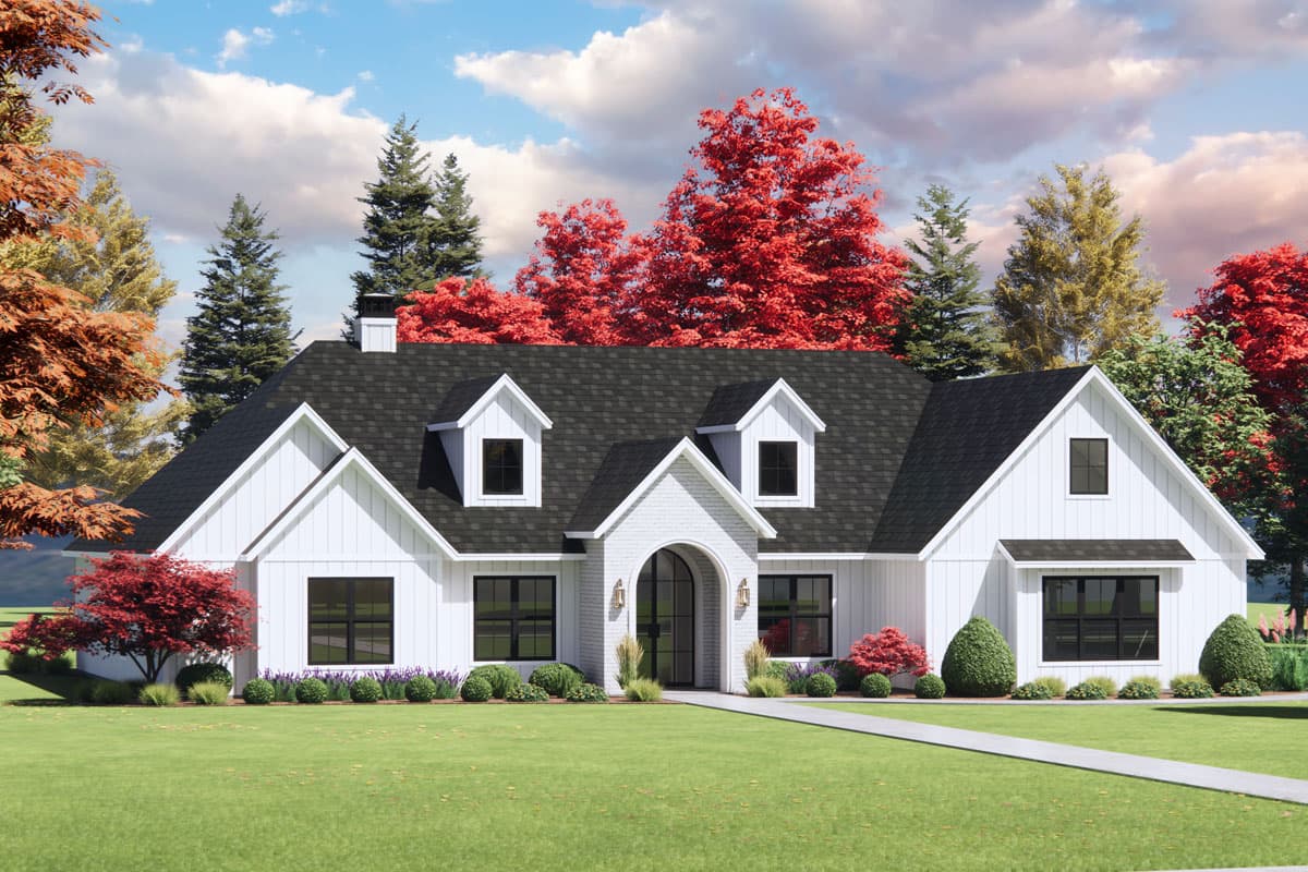 House plan exterior. Two-story Modern Farmhouse with gabled roof, dormers, and front entry archway. White siding and black window frames.