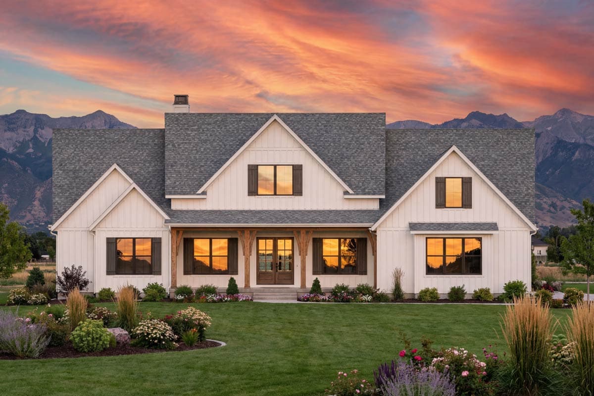Modern Farmhouse house plan exterior with white board and batten siding, gables, dormers, and a covered front porch with timber supports.