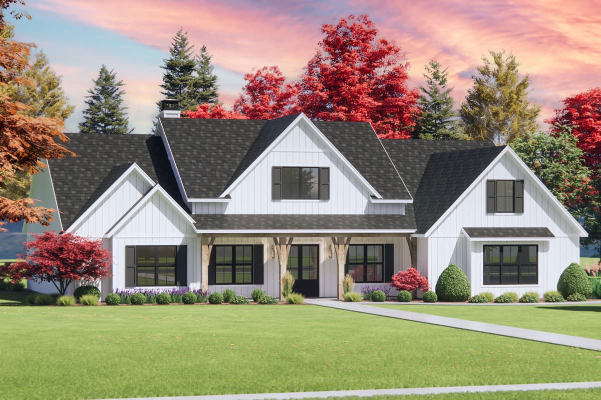 House plan exterior rendering. Modern Farmhouse style with a single story, front porch, multiple gables, and a dark roofline.