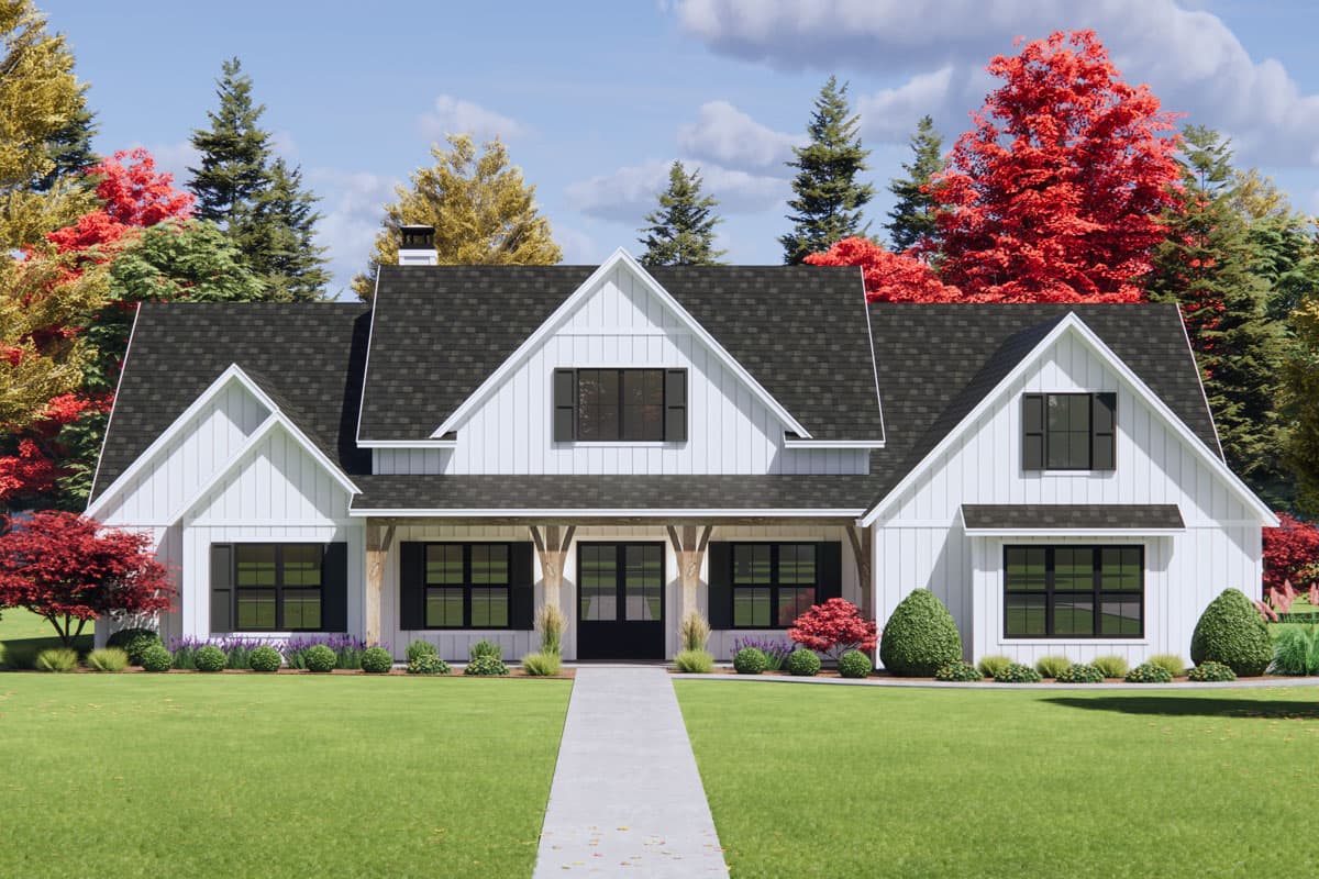 Modern Farmhouse style house plan exterior with gables, board and batten siding, covered entry with timber posts, and a symmetrical facade.