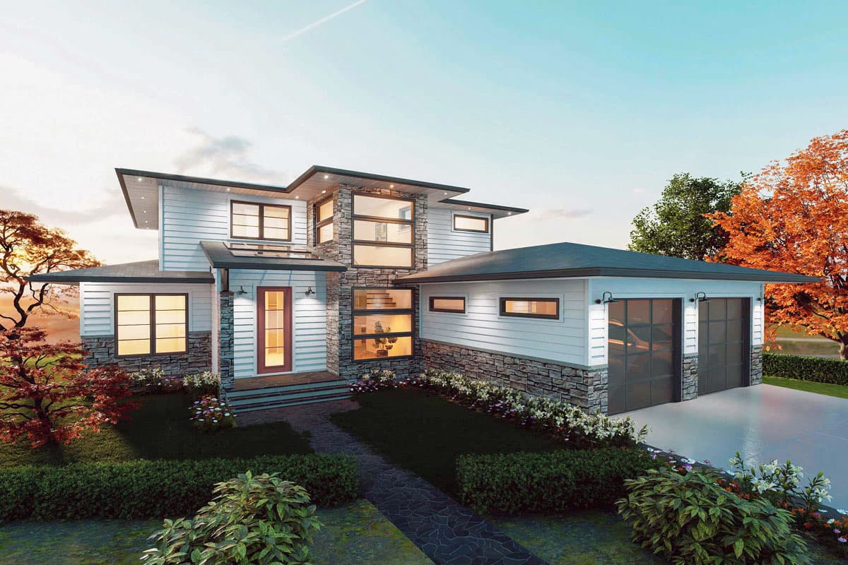 House plan exterior. Two-story modern home with stone accents, horizontal siding, and flat rooflines. Features large windows and attached garage.