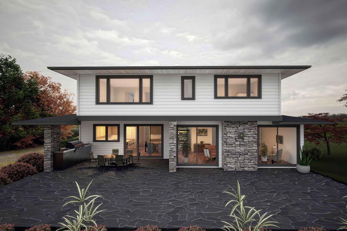 Two-story house plan exterior with a flat roof, wide windows, stone accents, and covered outdoor kitchen.