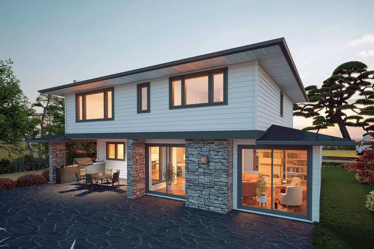 House plan exterior: Two-story modern home with horizontal siding, stone accents, cantilevered roof, and large windows.