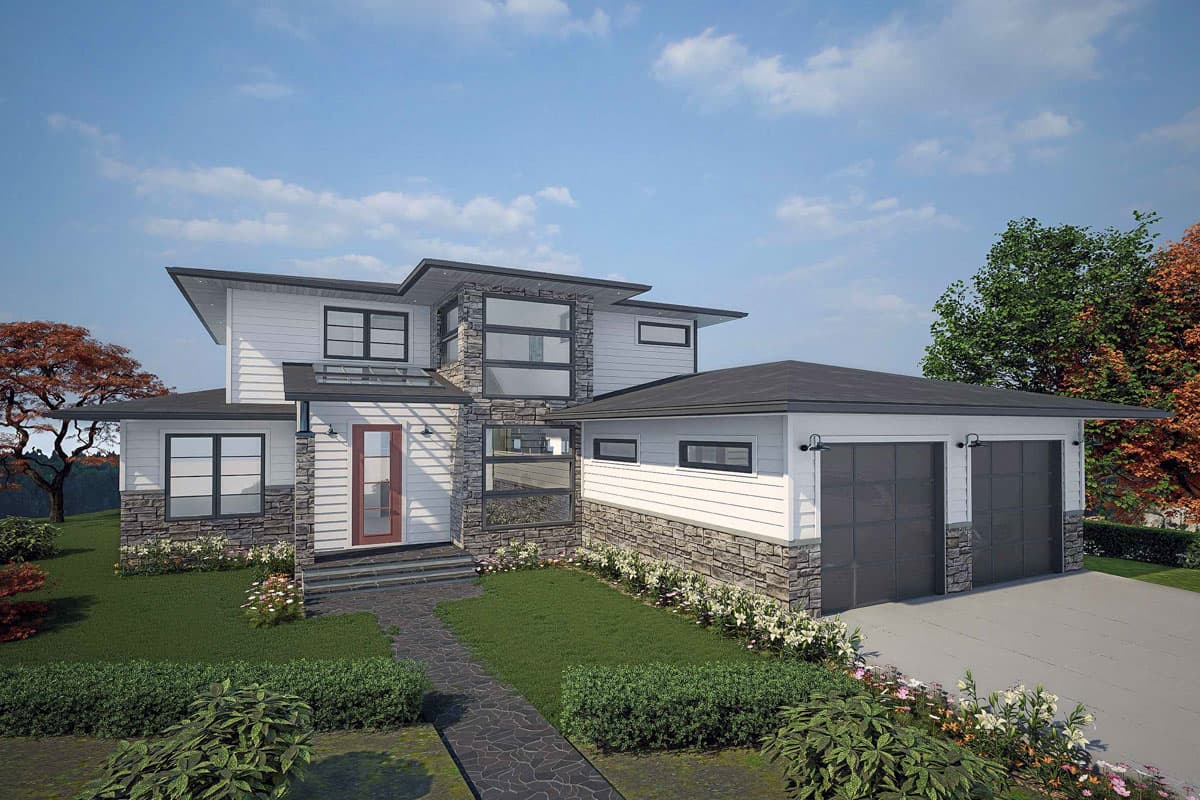 Modern two-story house plan exterior with stone accents, multiple gables, and a detached two-car garage.