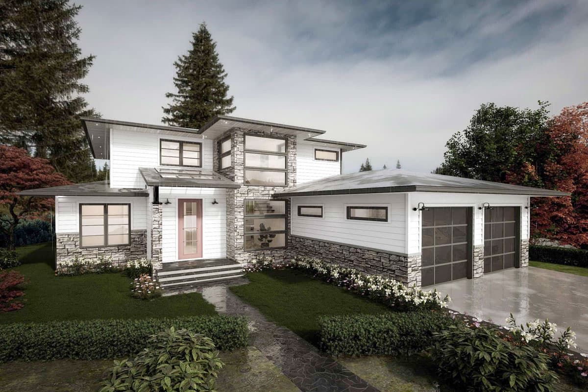 Modern house plan exterior: Two stories, white siding, stone accents, large windows, and a two-car garage.