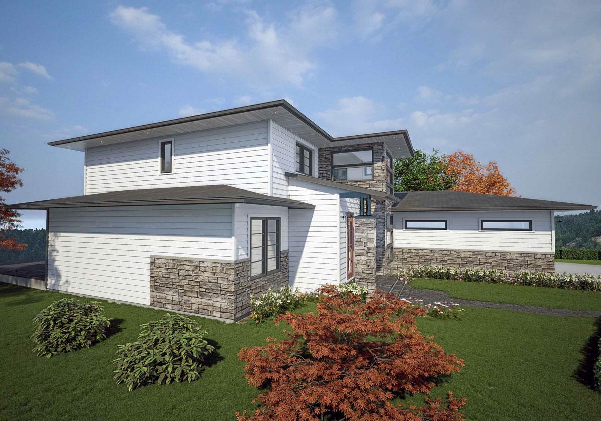 Modern two-story house plan exterior with stacked stone accents, horizontal siding, and a flat roofline.