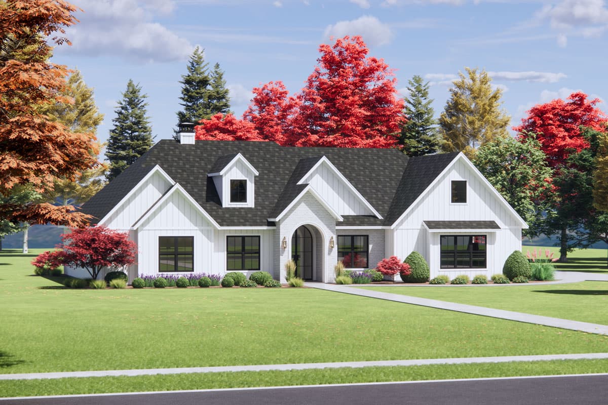Modern Farmhouse house plan exterior, one story, with gables, dormers, arched entryway, and board and batten siding.