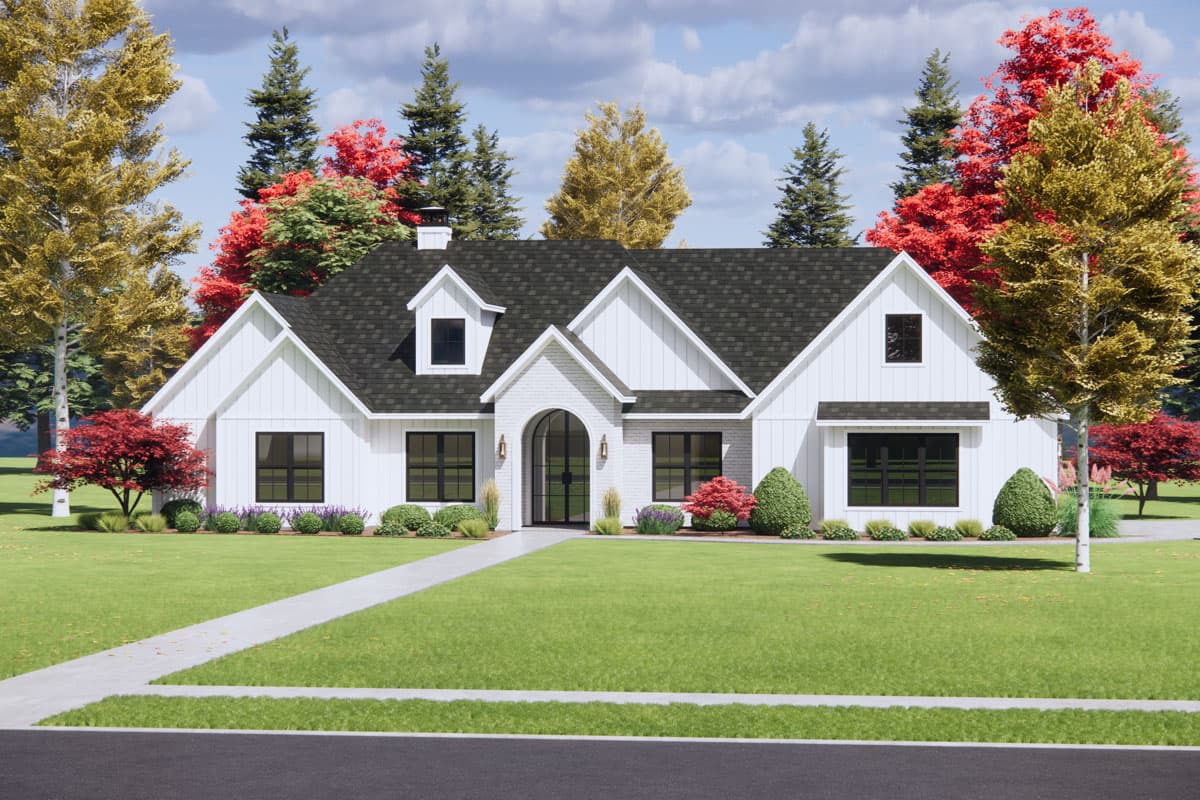 House plan exterior: Modern Farmhouse style, 1.5 stories, gable roof, dormer, arched entry with double doors, and board and batten siding.
