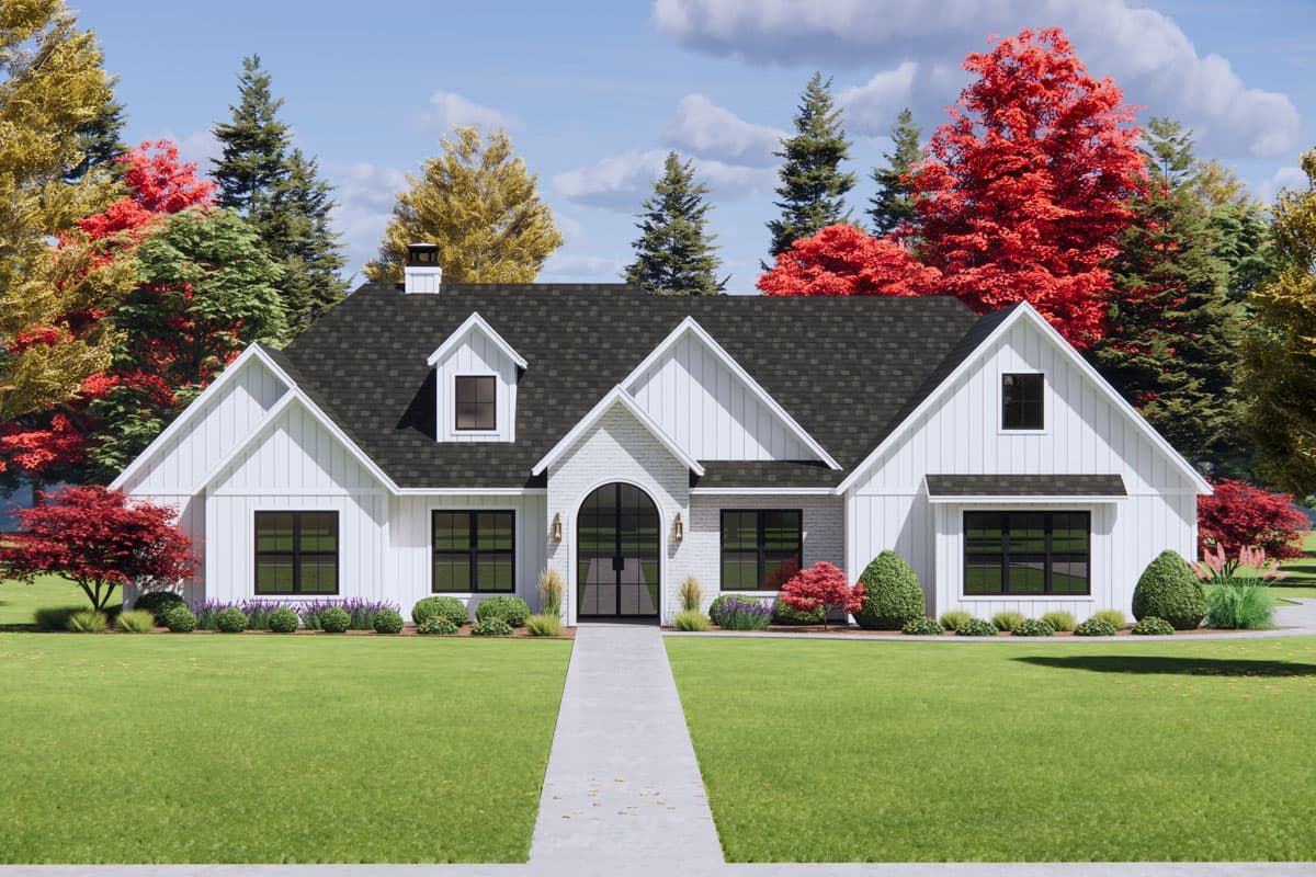 House plan exterior. Two-story Modern Farmhouse with gabled roof, dormers, and brick archway above the front door.