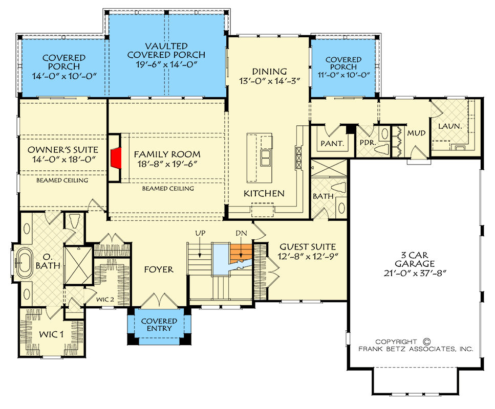 Plan 710438BTZ: 5-Bed Transitional House Plan with Unfinished Bonus Room - 3702 Sq Ft - Floor Plan - Main Level - Contemporary, European, Transitional