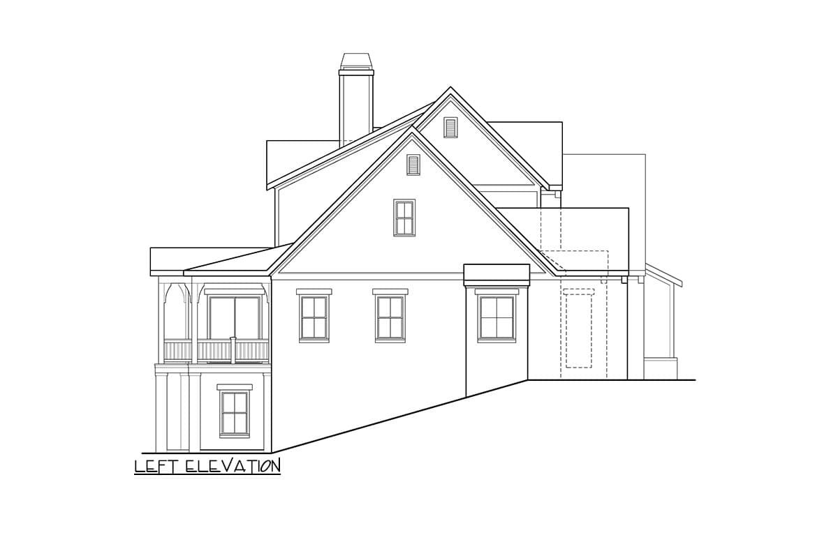 Left elevation house plan drawing with gabled roof, dormer, chimney, and covered balcony.