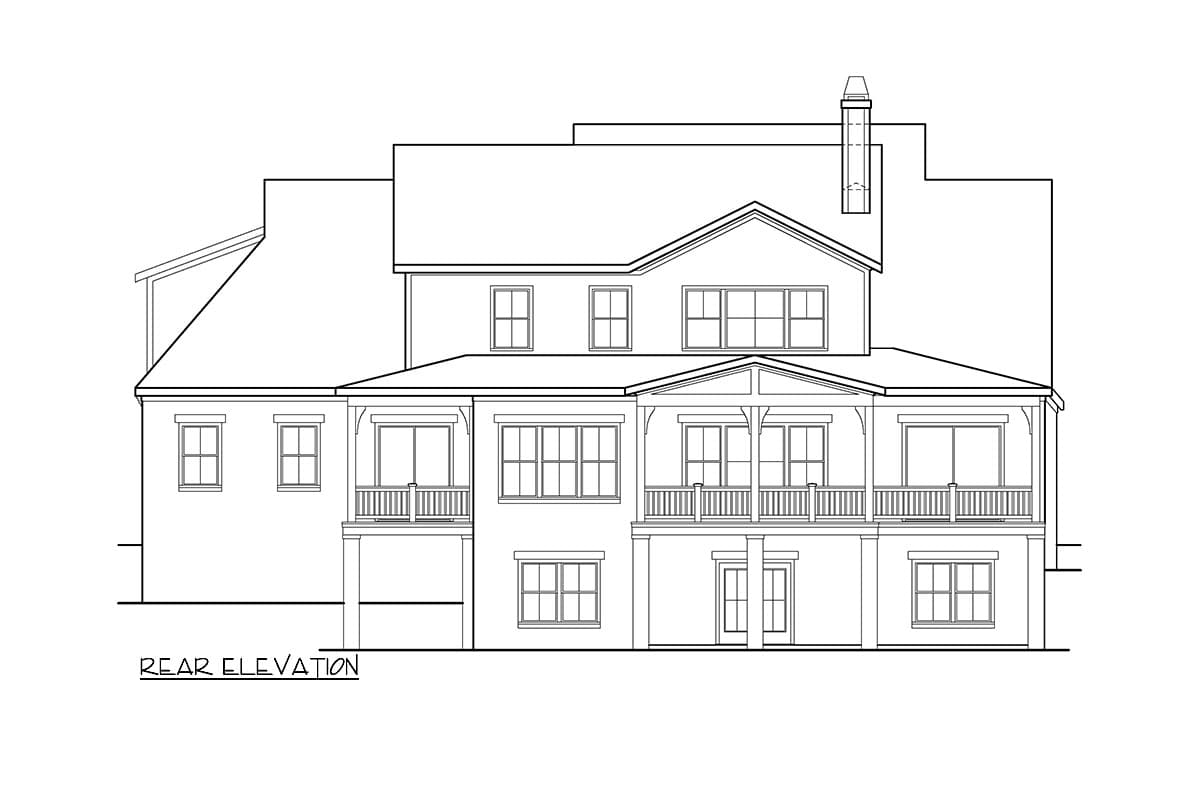 Rear elevation drawing of a two-story house with gables, multiple windows, and covered balconies.