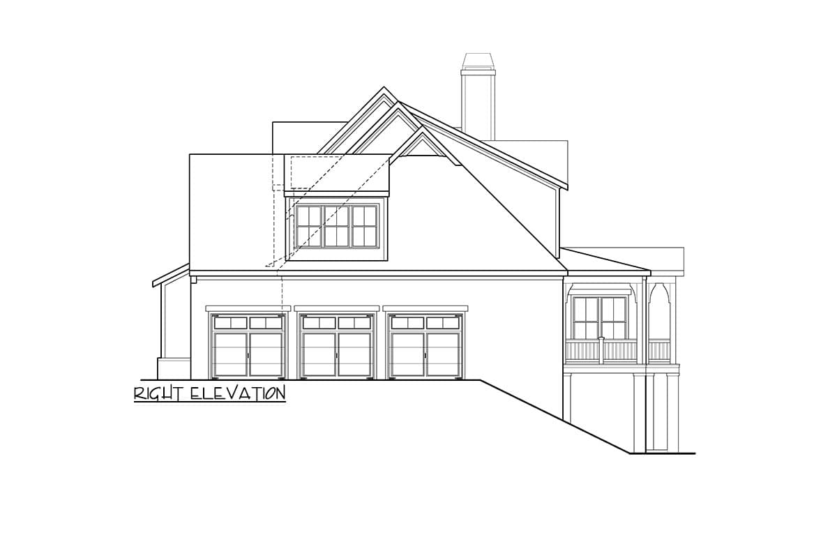 Right elevation drawing of a house plan featuring three garage doors, a dormer window, and a covered balcony.
