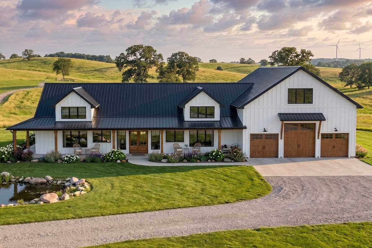 Modern farmhouse house plan exterior with white board and batten siding, metal roof, wrap-around porch, and a three-car garage.