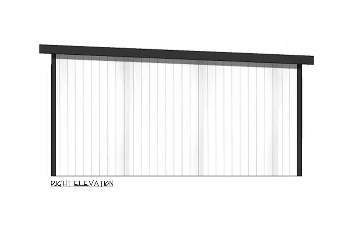 Right elevation drawing of a house with vertical siding and a slanted roof.