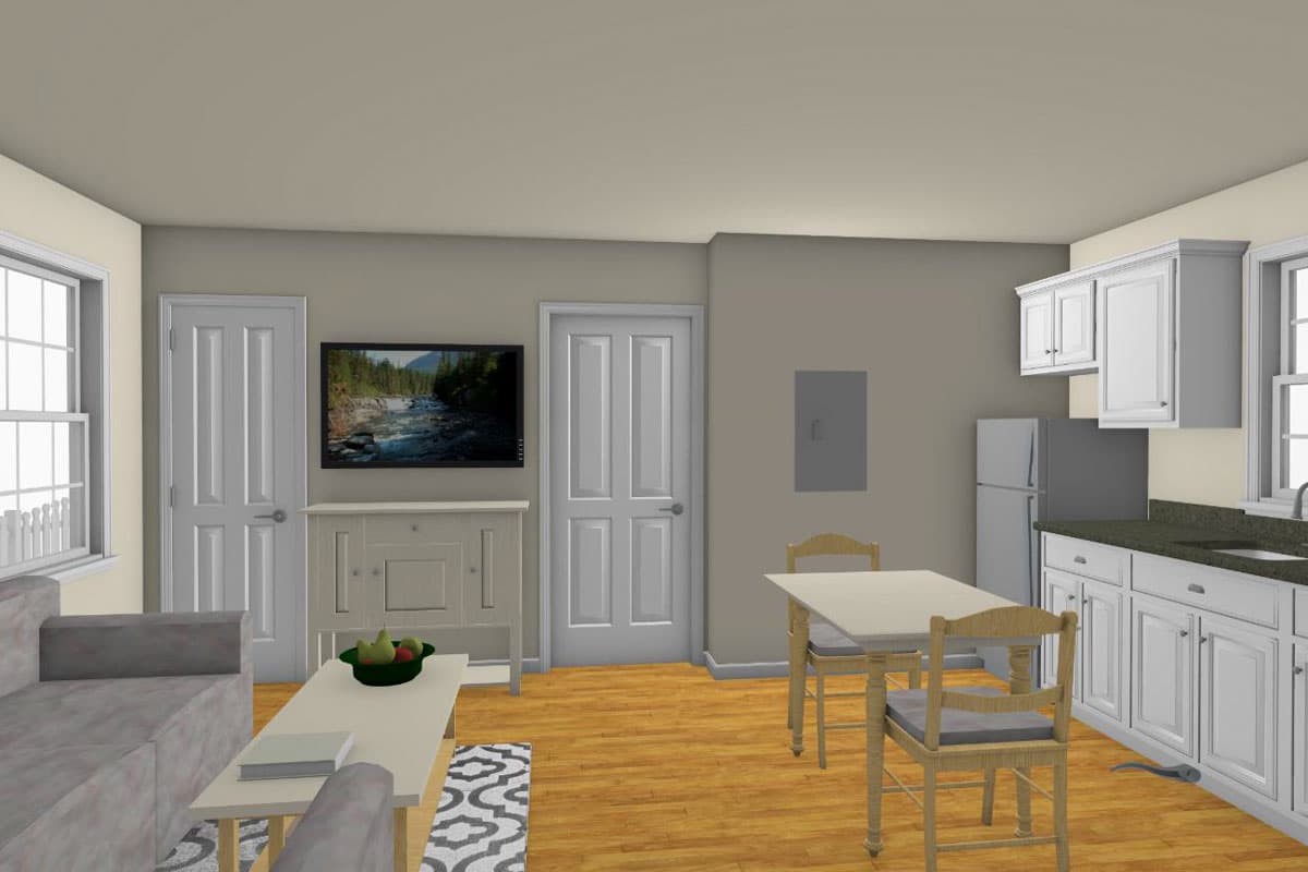 Interior rendering of a living and kitchen area with a sofa, dining table, cabinets, and refrigerator.