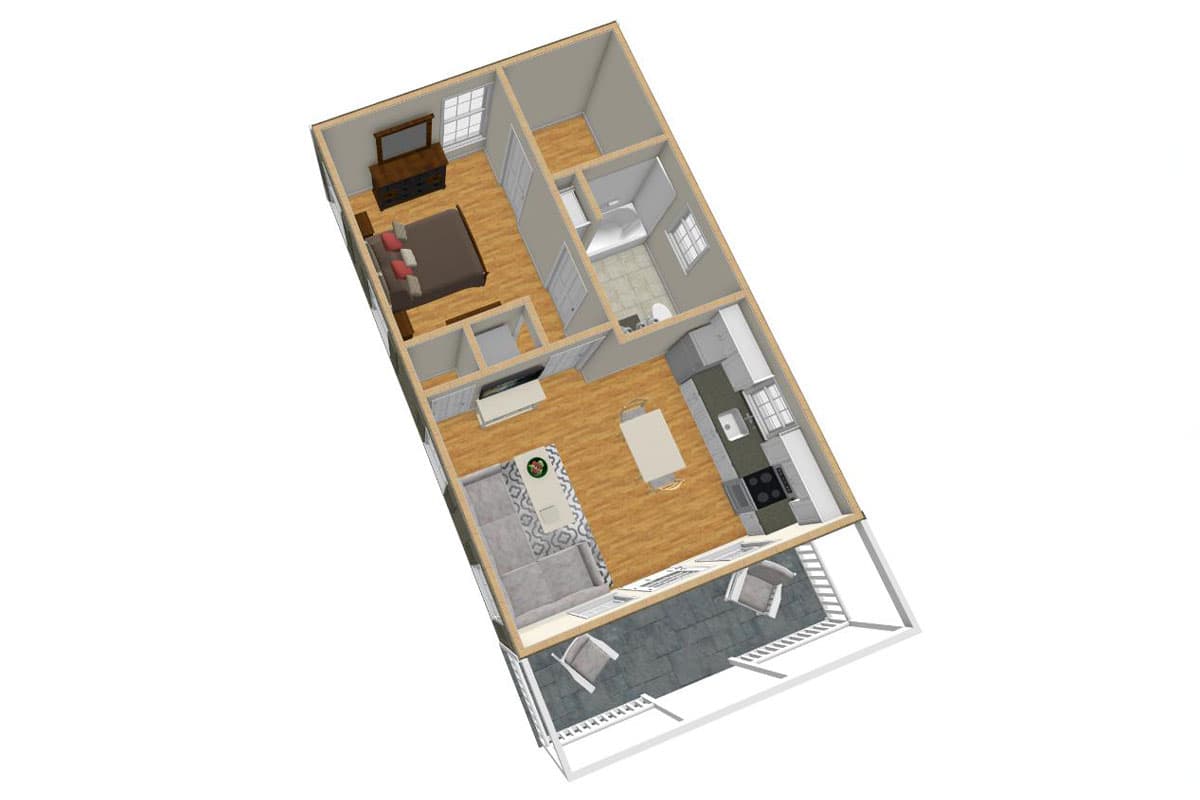3D house plan showing open living area with kitchen island, bedroom, and bathroom with access to a covered patio.
