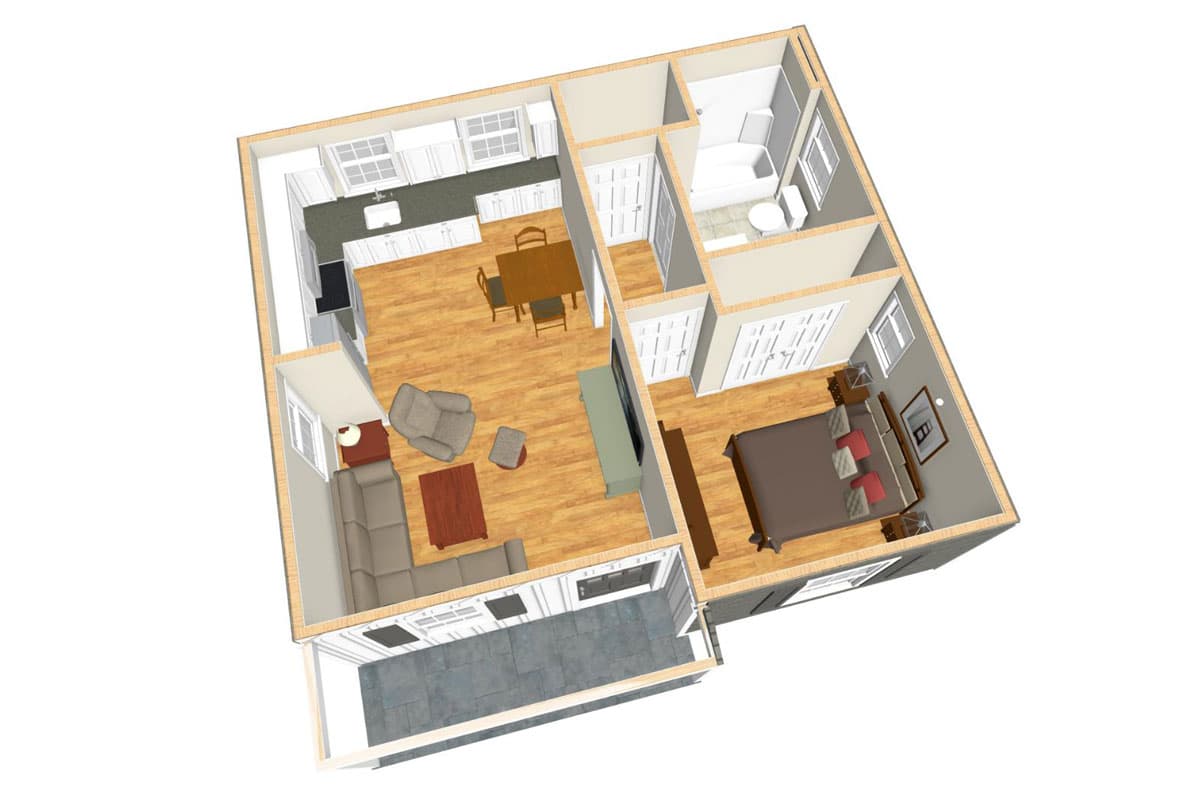 Floor plan rendering of a one-bedroom apartment with kitchen, living area, bedroom, and bathroom.