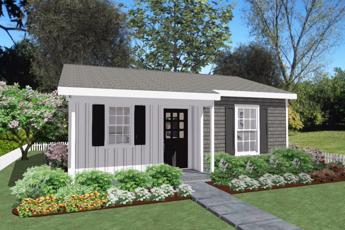 House plan exterior. One-story structure with a gable roof, decorative shutters, and a covered entry. Features shingle siding on one section.