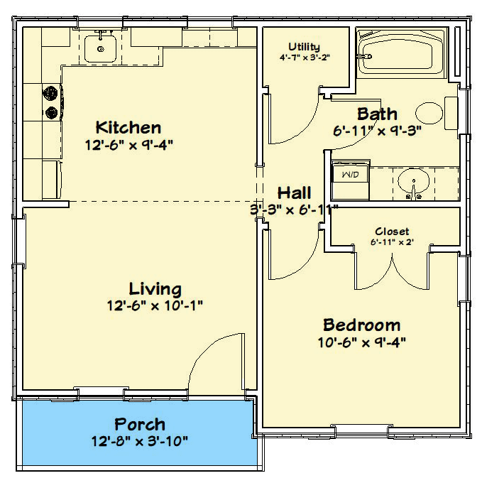 Plan 560029TCD: One-Story ADU Cottage House Plan with 1 Bedroom - 502 Sq Ft - Floor Plan - Main Level - Cottage, New American