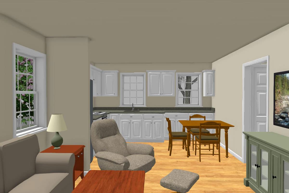Living and dining area with kitchen, seating, and dining table.