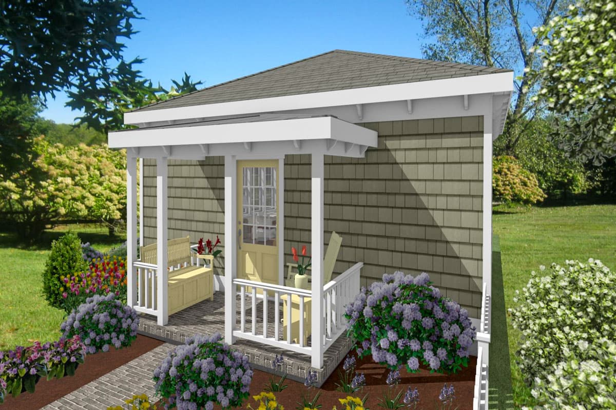 House plan exterior with a gabled roof, a covered porch, and a shingle-style exterior. Features include a front door and a seating area.