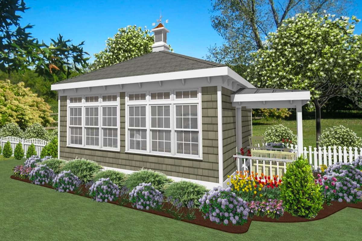 House plan exterior: Cottage style, one story, with a covered porch, multiple windows, and a cupola with weathervane.