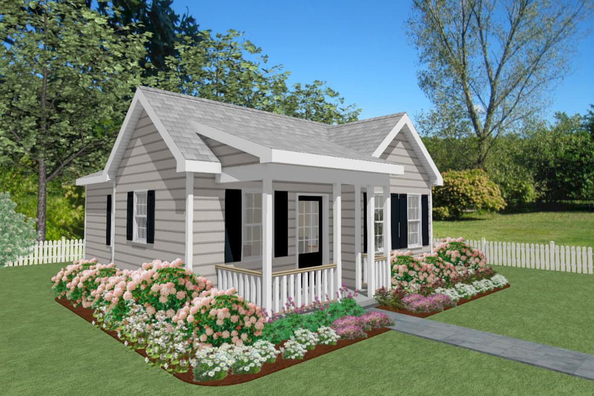 House plan exterior: one-story cottage with gabled roof, covered front porch with white railings, and double-hung windows.