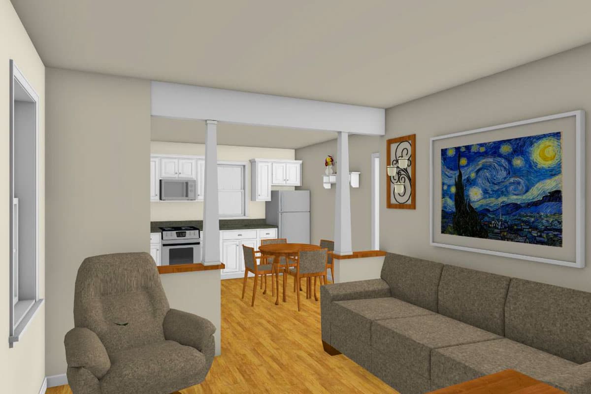 Interior rendering of a living area open to a kitchen with white cabinets, dining table, and sofa.