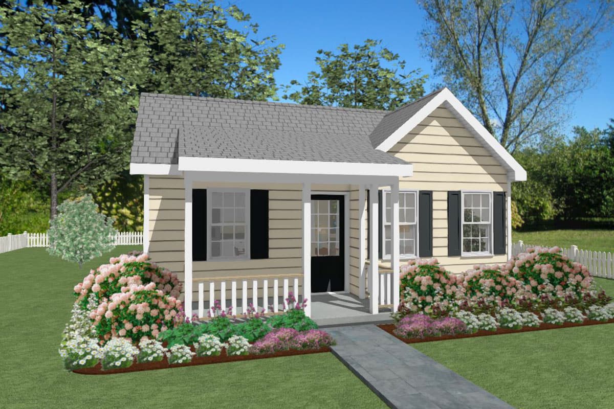 House plan exterior. Cottage style with a single story, front porch, gabled roof, and black shutters on the windows.