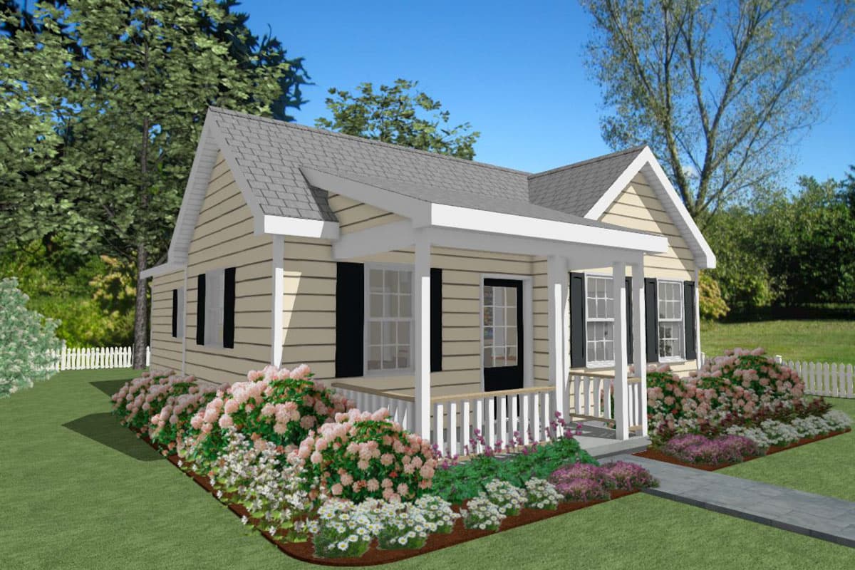 House plan exterior view of a single-story home with a gabled roof, front porch, and horizontal siding.