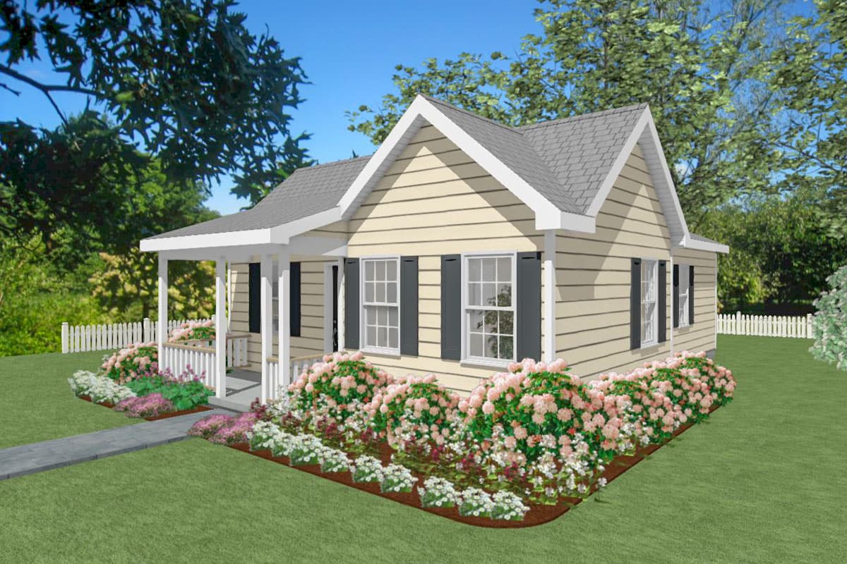 House plan exterior: one-story cottage with front porch, gable roof, and double-hung windows.