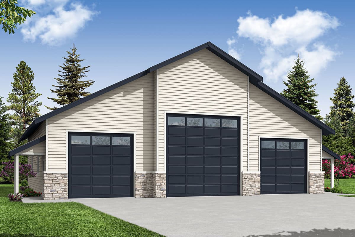 House plan exterior. A-frame garage with three bays. Features include gabled roof, stone accents on pillars, and a covered entry.