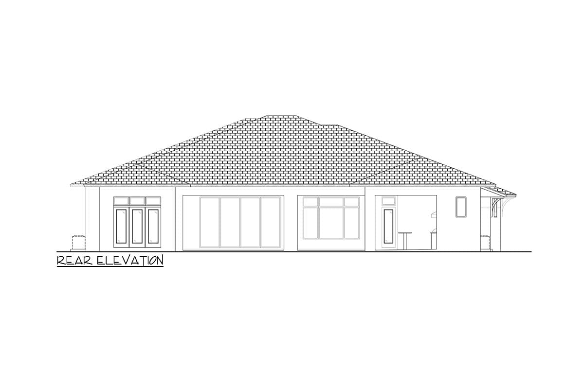 Rear elevation drawing of a single-story house plan with large sliding doors, a bay window, and a door with a transom.