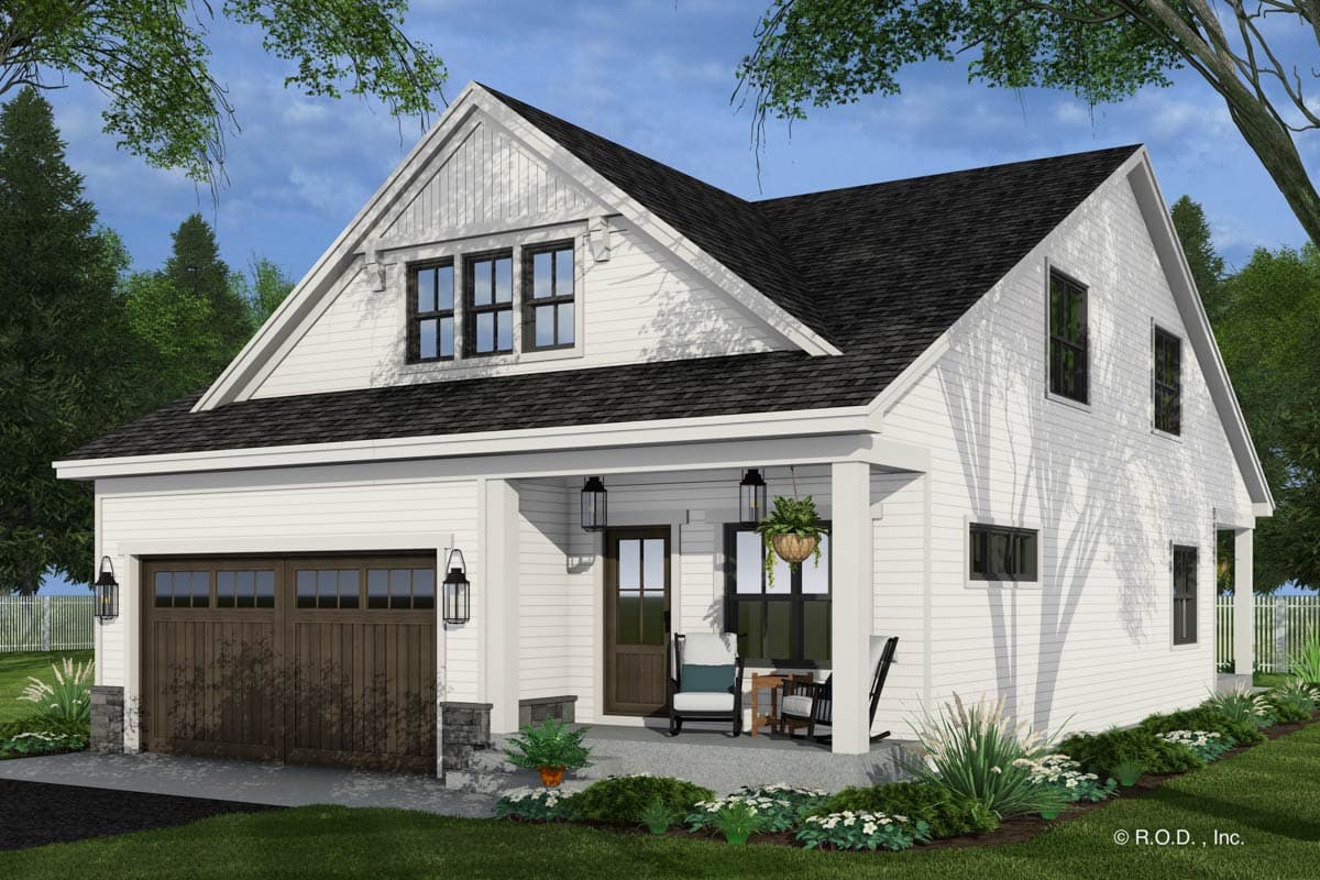House plan exterior. Craftsman style, one story. Features include a front porch, gables, and a two-car garage. Black roof and windows.