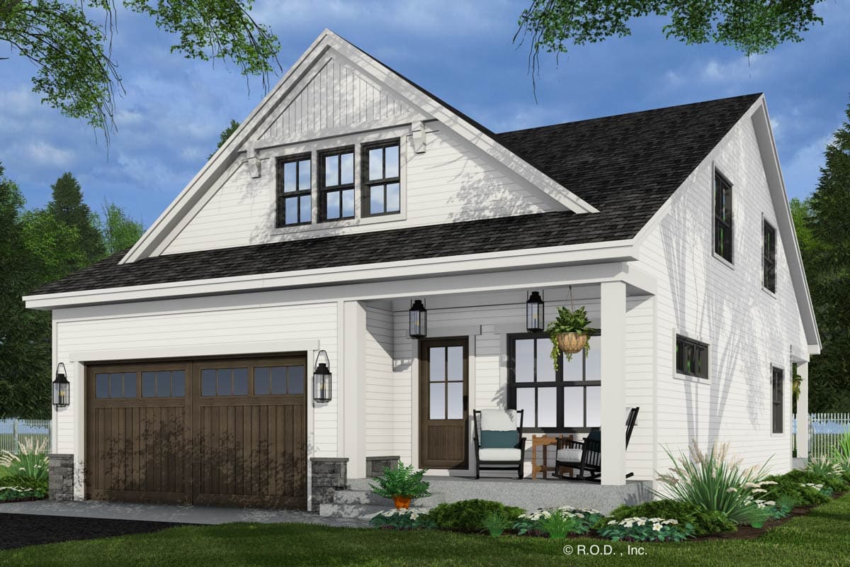 Modern Farmhouse style house plan exterior with one-car garage, gabled dormer, and covered porch with two columns.