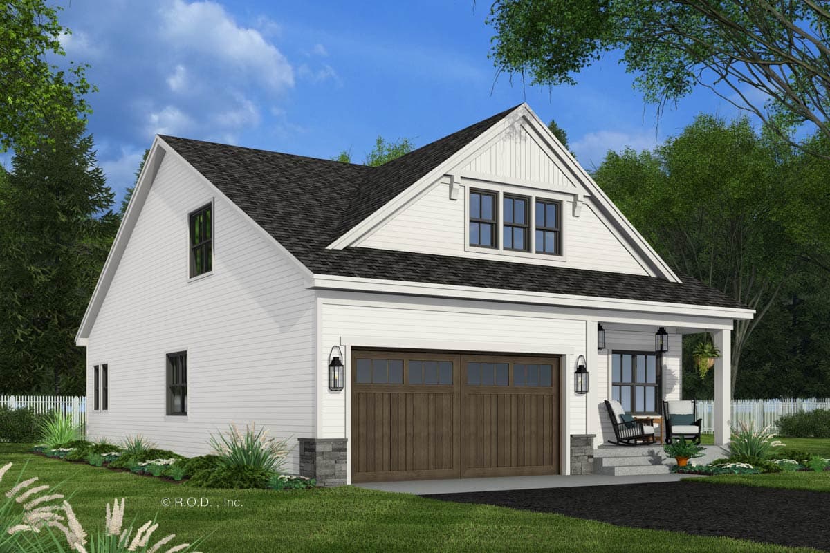 Modern Farmhouse house plan exterior with a two-car garage, front porch, and gable dormer.