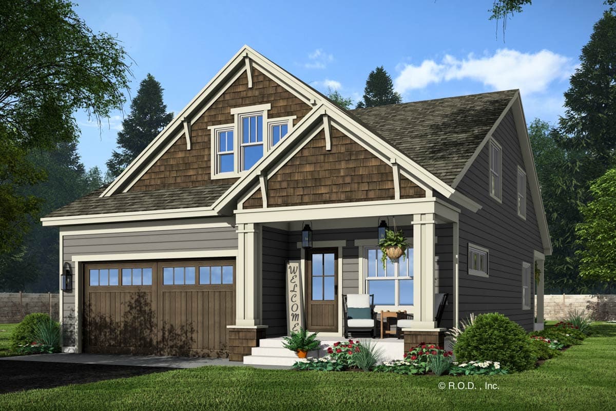 House plan exterior: Two-story Modern Farmhouse with covered porch, prominent gables, and two-car garage.