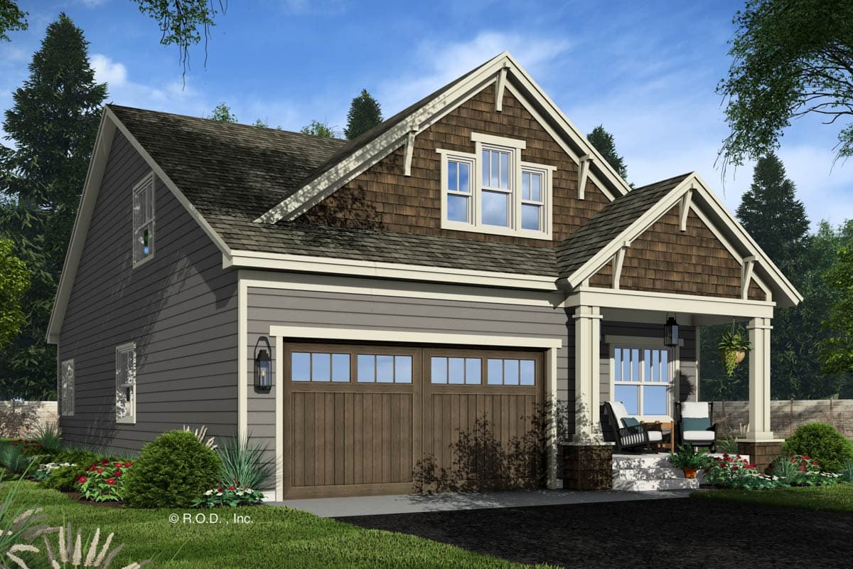 House plan exterior: Two-story Modern Farmhouse with shingle accent gables, front-facing garage, and covered front porch.