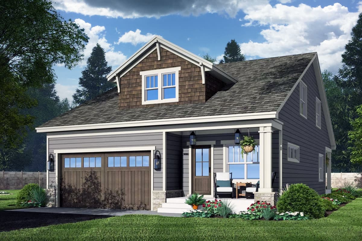 House plan exterior with Craftsman style. Features include a front porch, gabled roof, and a two-car garage. Two stories.