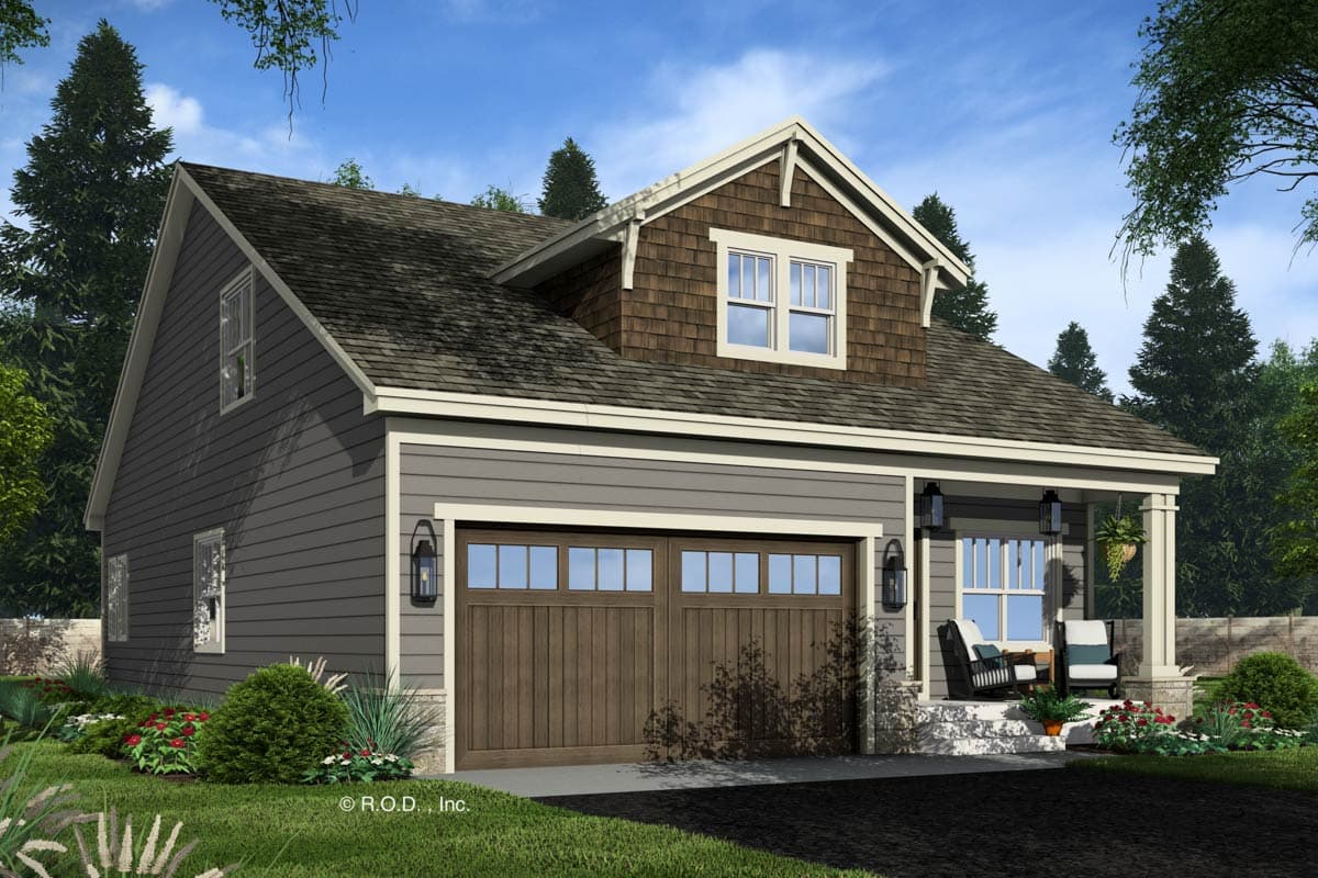 House plan exterior: Two-story Modern Farmhouse with a front-facing garage, dormer, and covered porch.