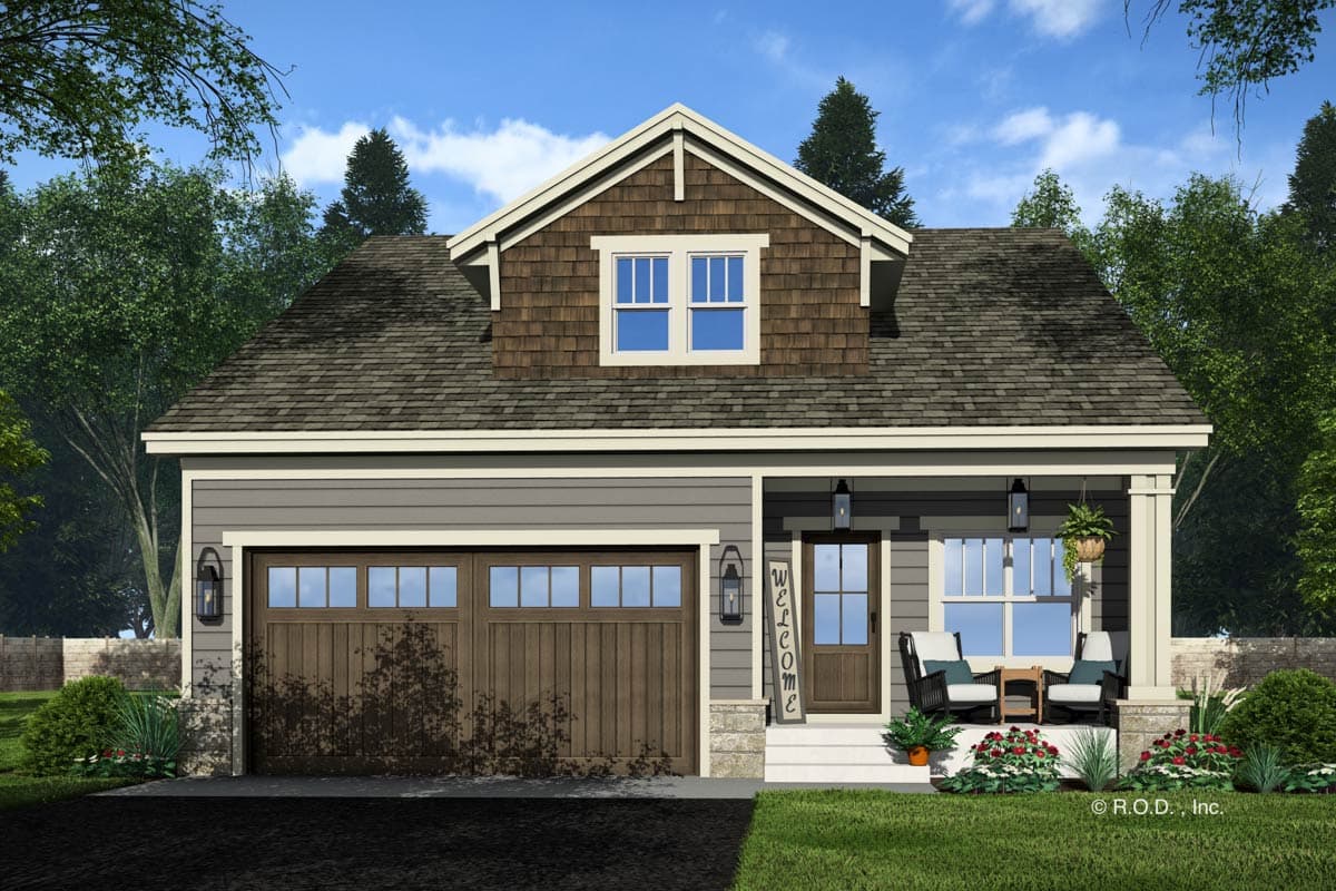 House plan exterior: two-story Modern Farmhouse with dual garage doors, covered front porch, dormer, and shingle accents.